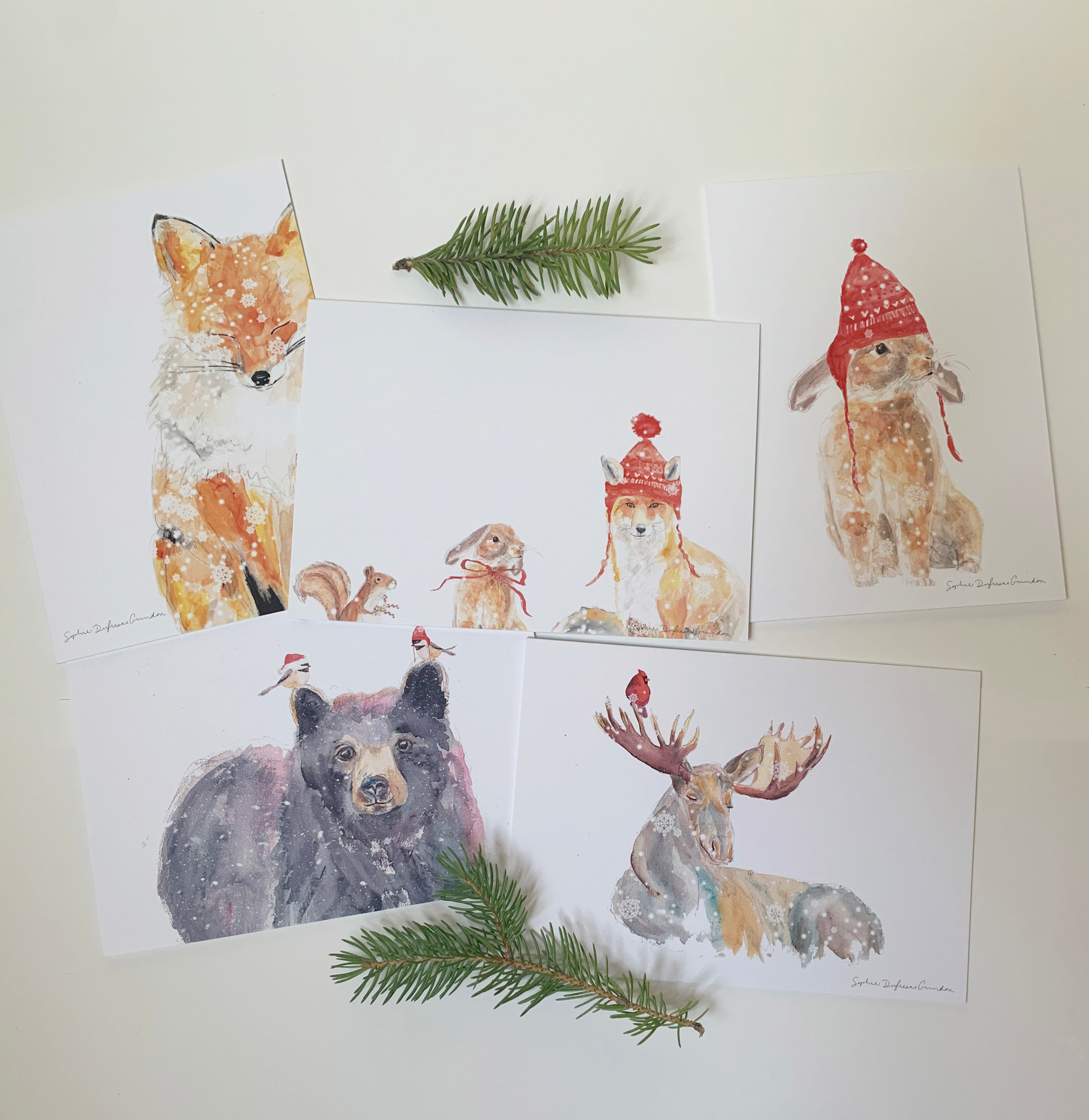 SET of 5 Christmas Greeting Cards, QUEBEC ANIMALS, Moose, Black Bear, Rabbit, Chickadee, Fox, Squirrel, Sophie Dufresne Guindon