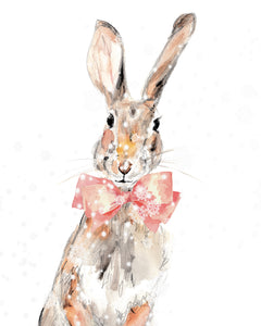 Hare looking at you, under snow, with a red bow. Watercolor and pencil