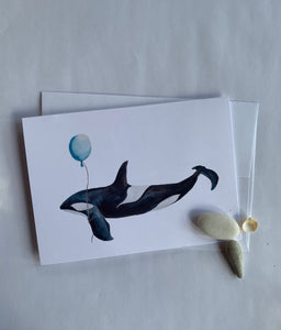 Orca Birthday Greeting card, French or blank card
