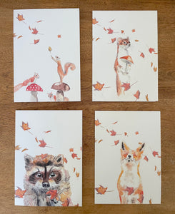 4 animal Greeting Cards AUTUMN LEAVES & Mushrooms, Happy Fox, Baby Racoon, Squirrels & Weasel, by Sophie Dufresne Guindon, Québec Canada