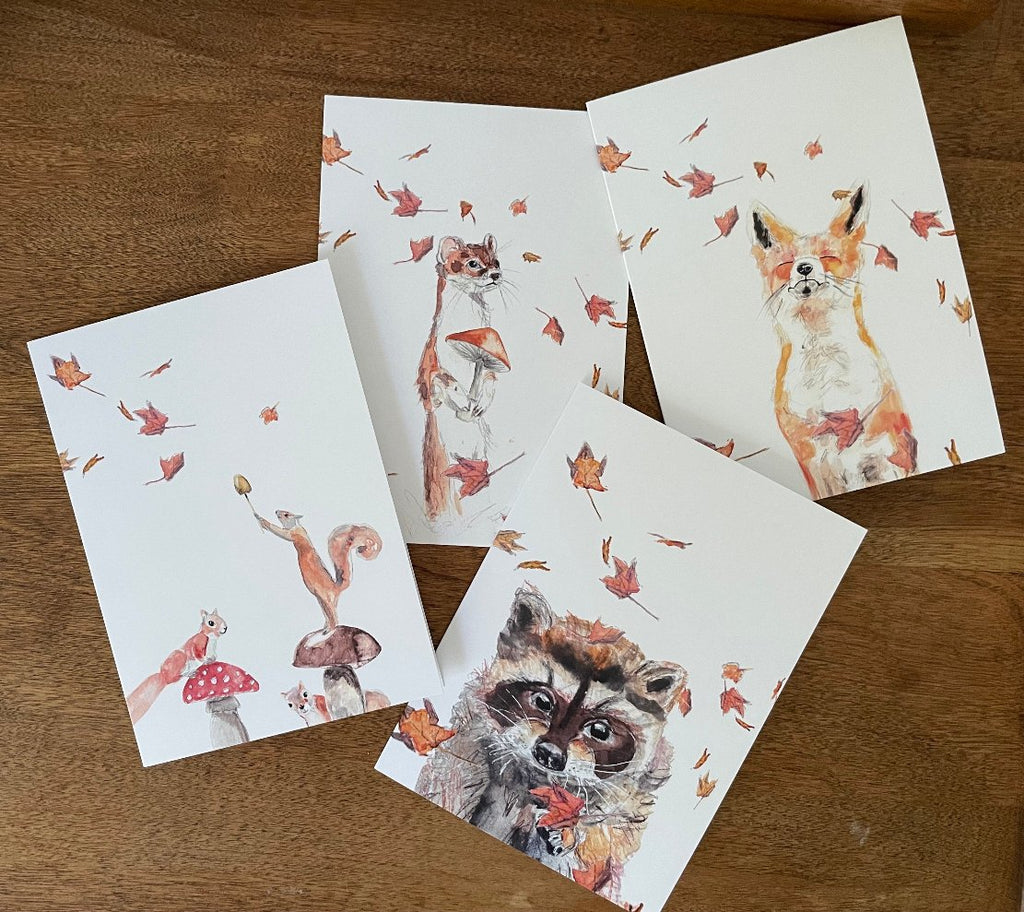 4 greeting cards, watercolor, weasel, racoon, fox, squirrels, with mushrooms & maples leaves in the wind