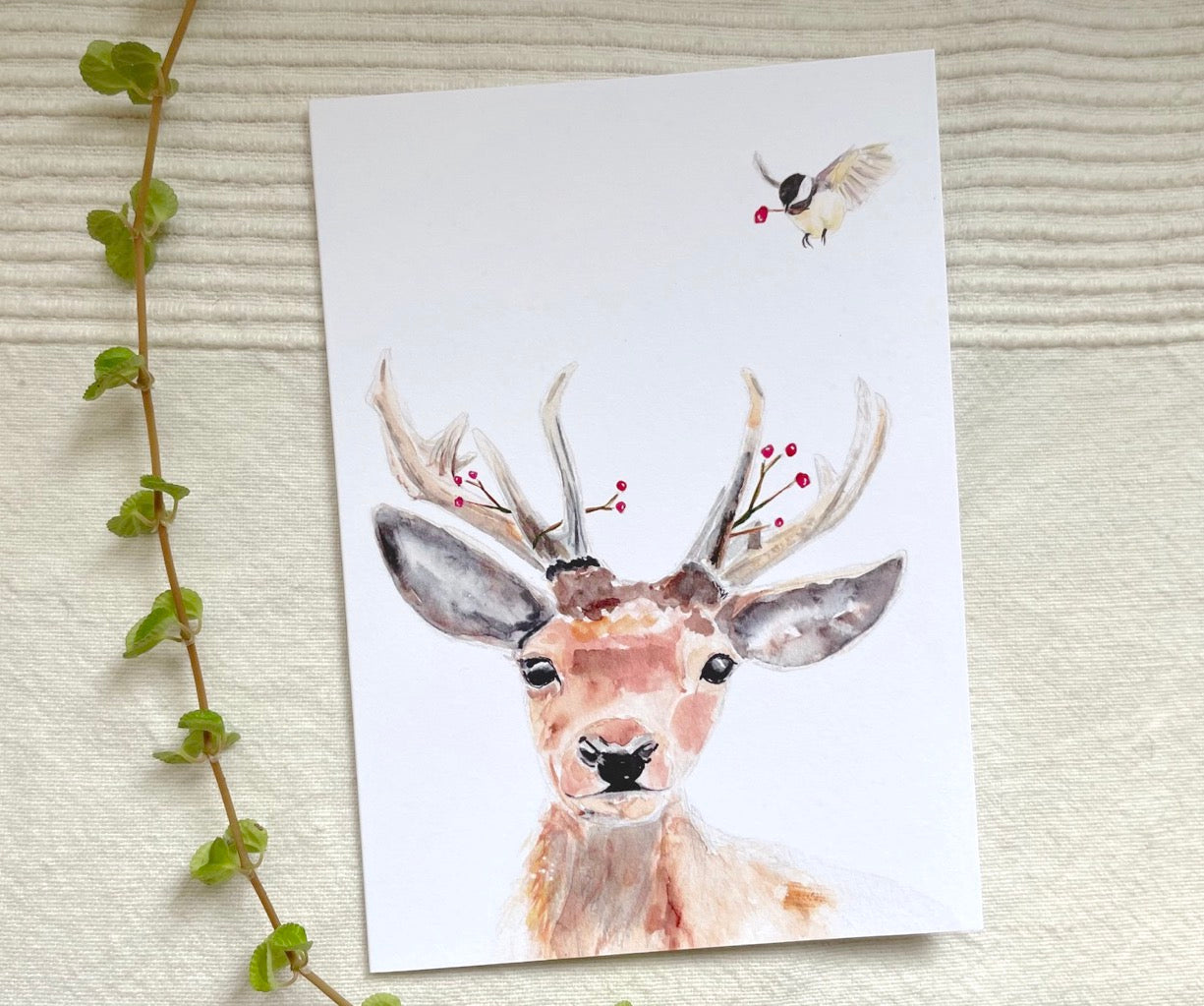 5 Christmas Greeting Cards - animals watercolor | Christmas Winter Sophie Dufresne Guindon | Fox, Weasel, Deer, Bird, Duck & Otter