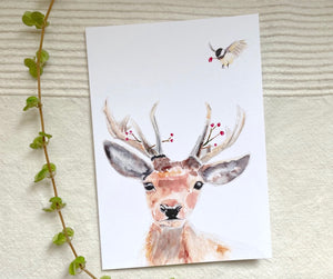 5 Christmas Greeting Cards - animals watercolor | Christmas Winter Sophie Dufresne Guindon | Fox, Weasel, Deer, Bird, Duck & Otter