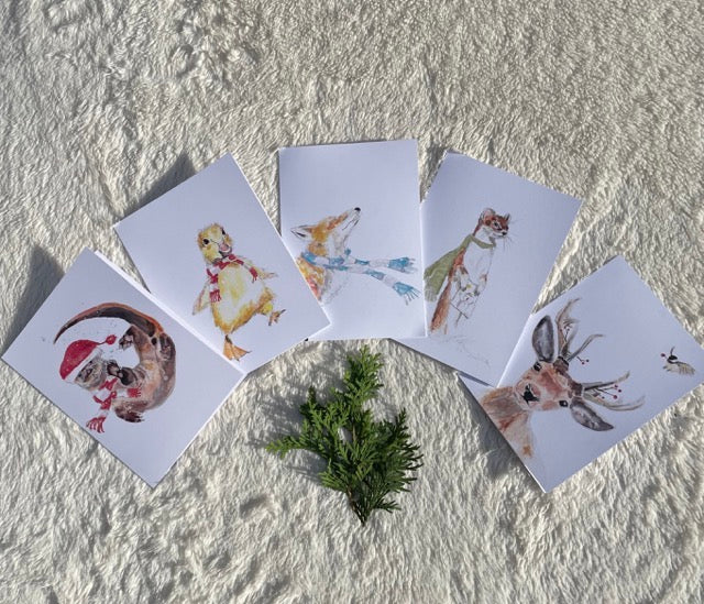 5 Christmas Greeting Cards - animals watercolor | Christmas Winter Sophie Dufresne Guindon | Fox, Weasel, Deer, Bird, Duck & Otter