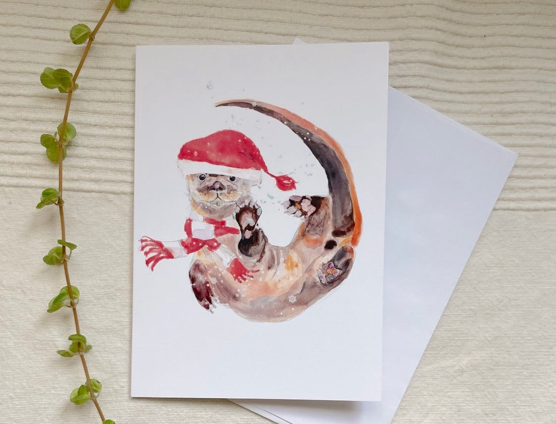 5 Christmas Greeting Cards - animals watercolor | Christmas Winter Sophie Dufresne Guindon | Fox, Weasel, Deer, Bird, Duck & Otter