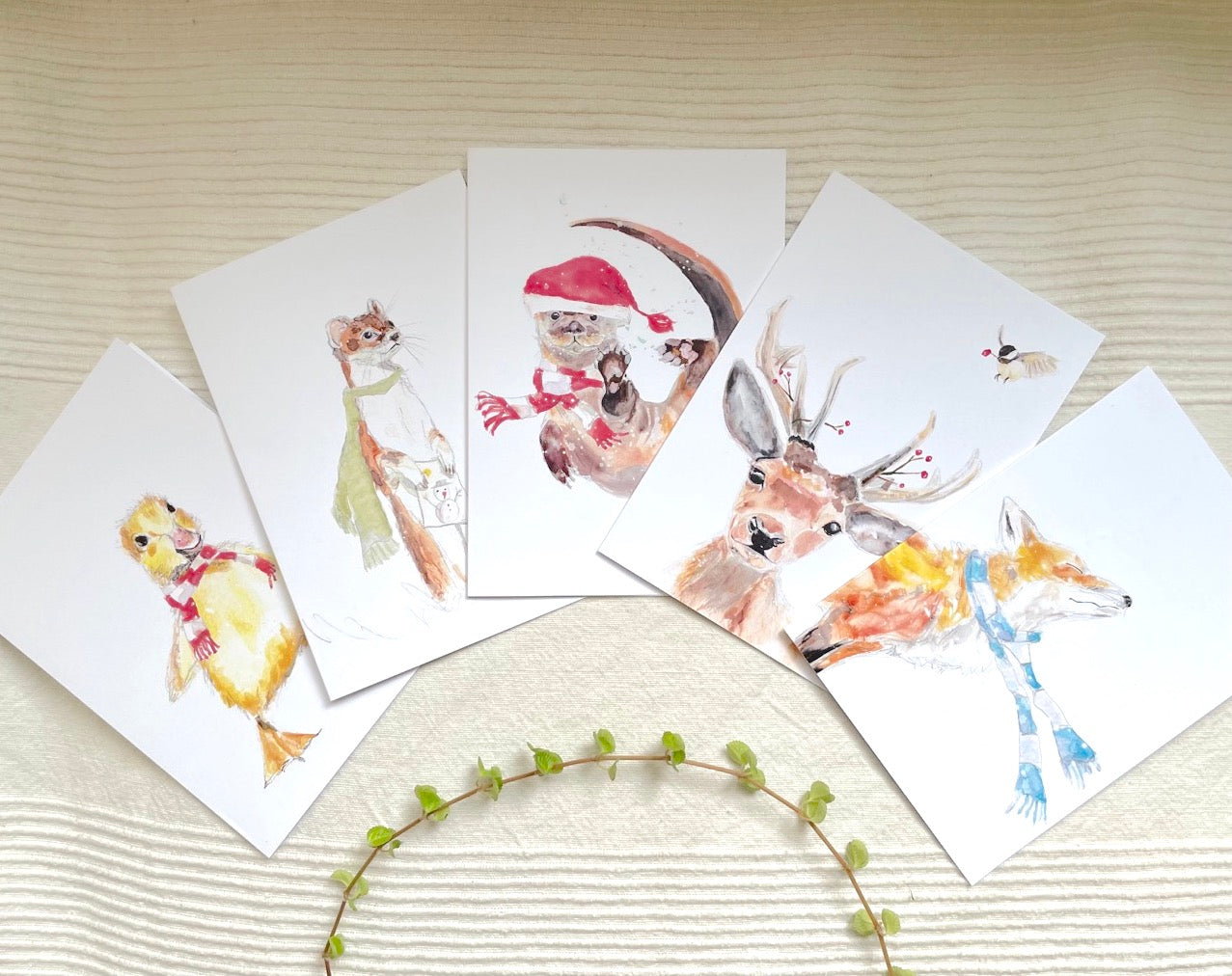 5 Christmas Greeting Cards - animals watercolor | Christmas Winter Sophie Dufresne Guindon | Fox, Weasel, Deer, Bird, Duck & Otter