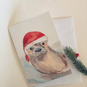 SET of 5 Christmas Greeting Cards, ANIMALS Quebec, LET'S PLAY OUT! otter, raccoon, seal, cat & dog, Sophie Dufresne Guindon