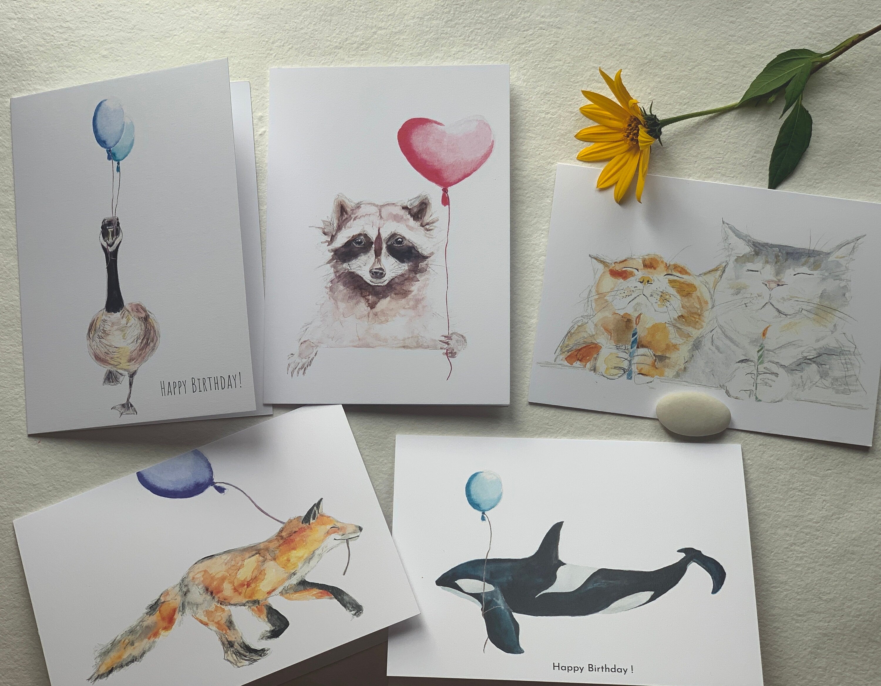 5 Birthday Greeting Cards -  Zen Animals, set of 5 WISH cards, fox, raccoon, bear, cats, goose, whale watercolor, by Sophie Dufresne Guindon, QC, Canada