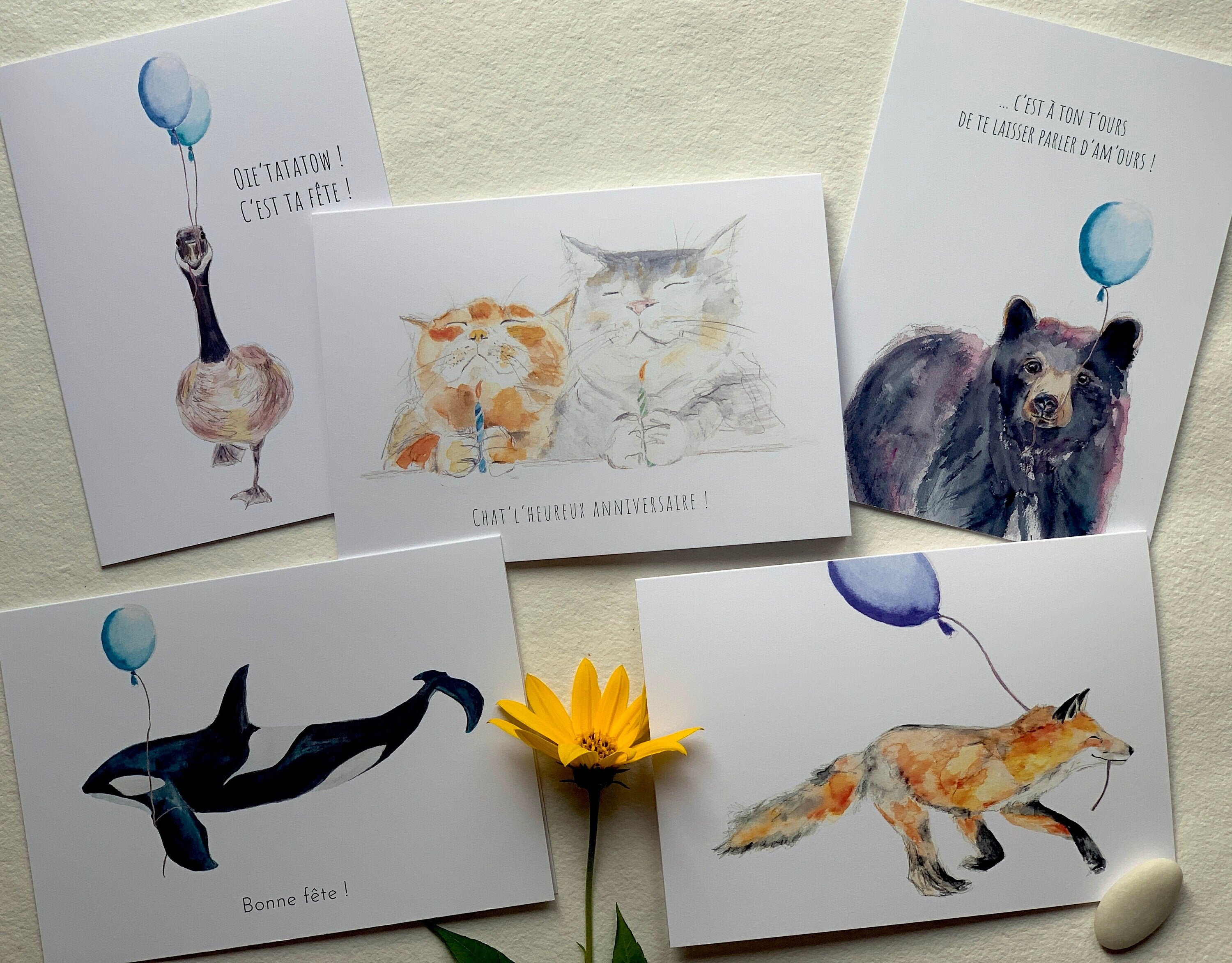 5 Birthday Greeting Cards -  Zen Animals, set of 5 WISH cards, fox, raccoon, bear, cats, goose, whale watercolor, by Sophie Dufresne Guindon, QC, Canada