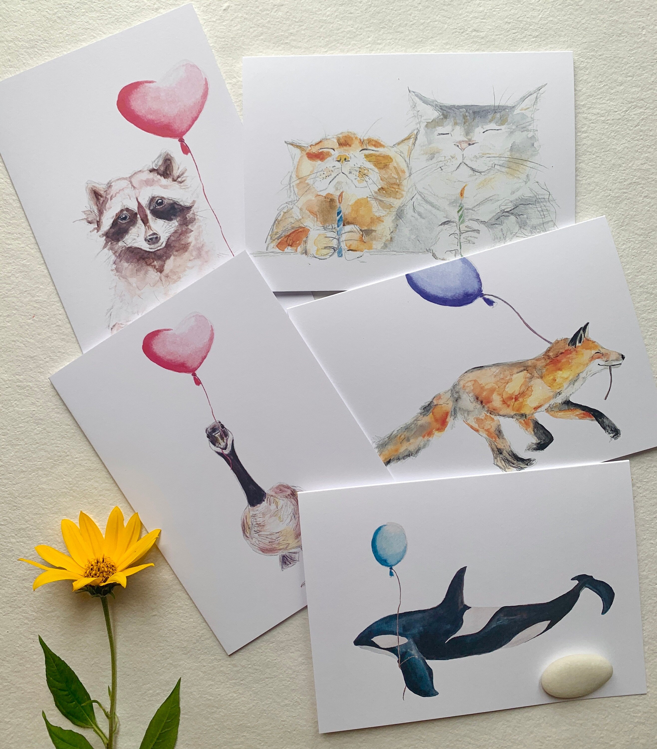 5 Birthday Greeting Cards -  Zen Animals, set of 5 WISH cards, fox, raccoon, bear, cats, goose, whale watercolor, by Sophie Dufresne Guindon, QC, Canada