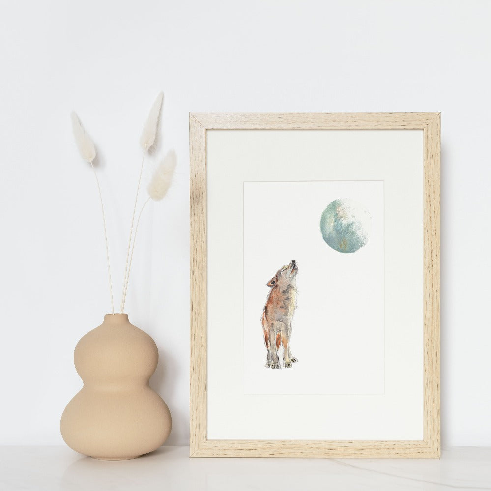 loup qui hurle vers la lune, aquarelle fond blanc de Sophie Dufresne Guindon canada