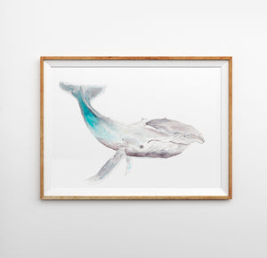 ILLUSTRATION Humpback WHALE and her BABY, minimalist art, whale art print, watercolor and drawing