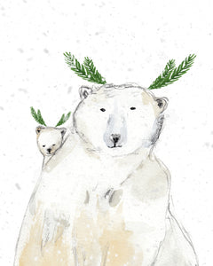 Holiday greeting card, polar deer bears, bear family
