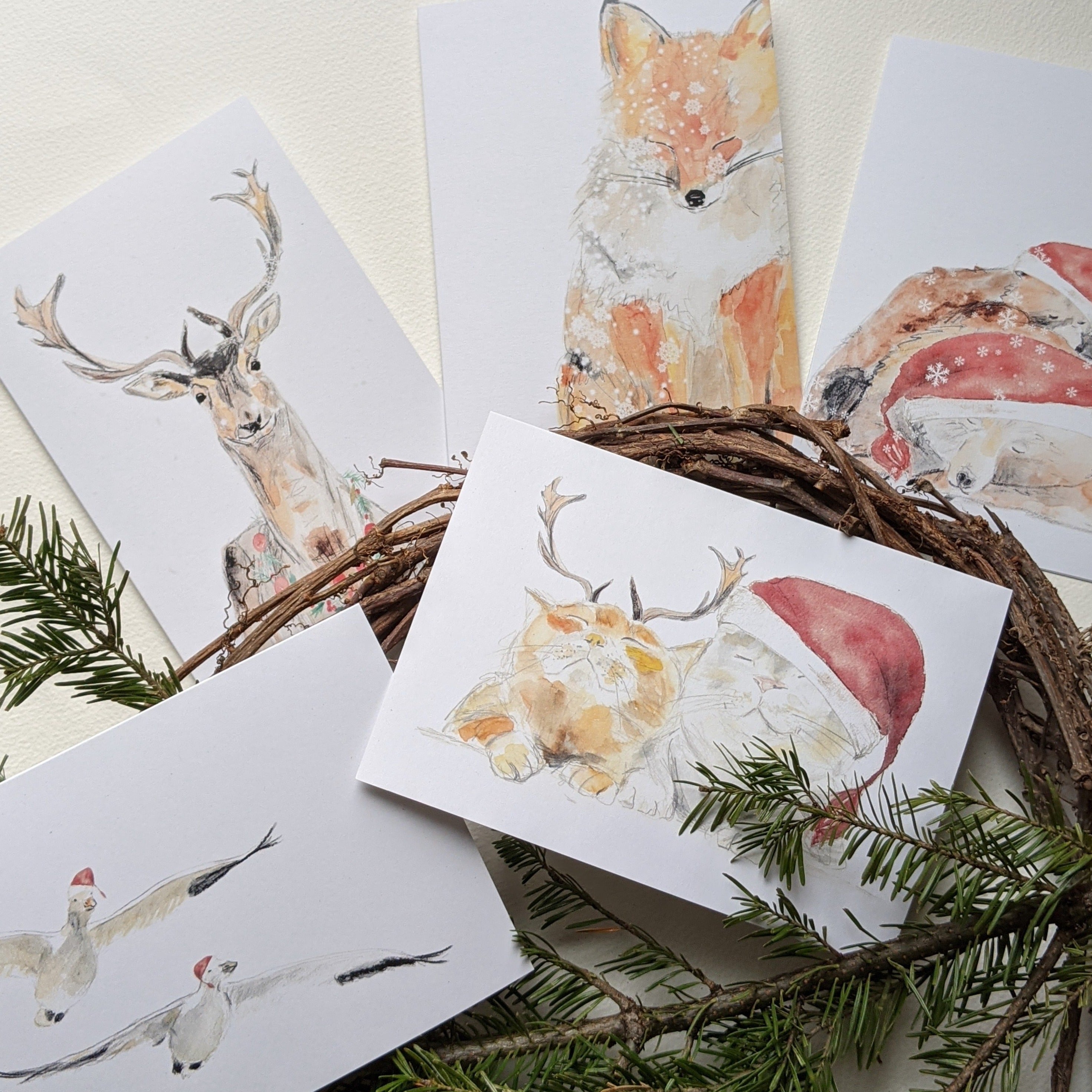 SET OF 5 CHRISTMAS GREETING CARDS, ANIMAL, MINIMALIST WATERCOLOR