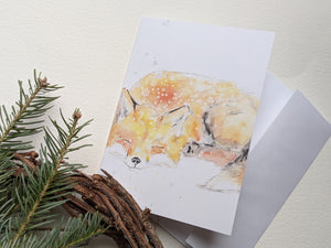 slepping baby fox greeting card watercolor