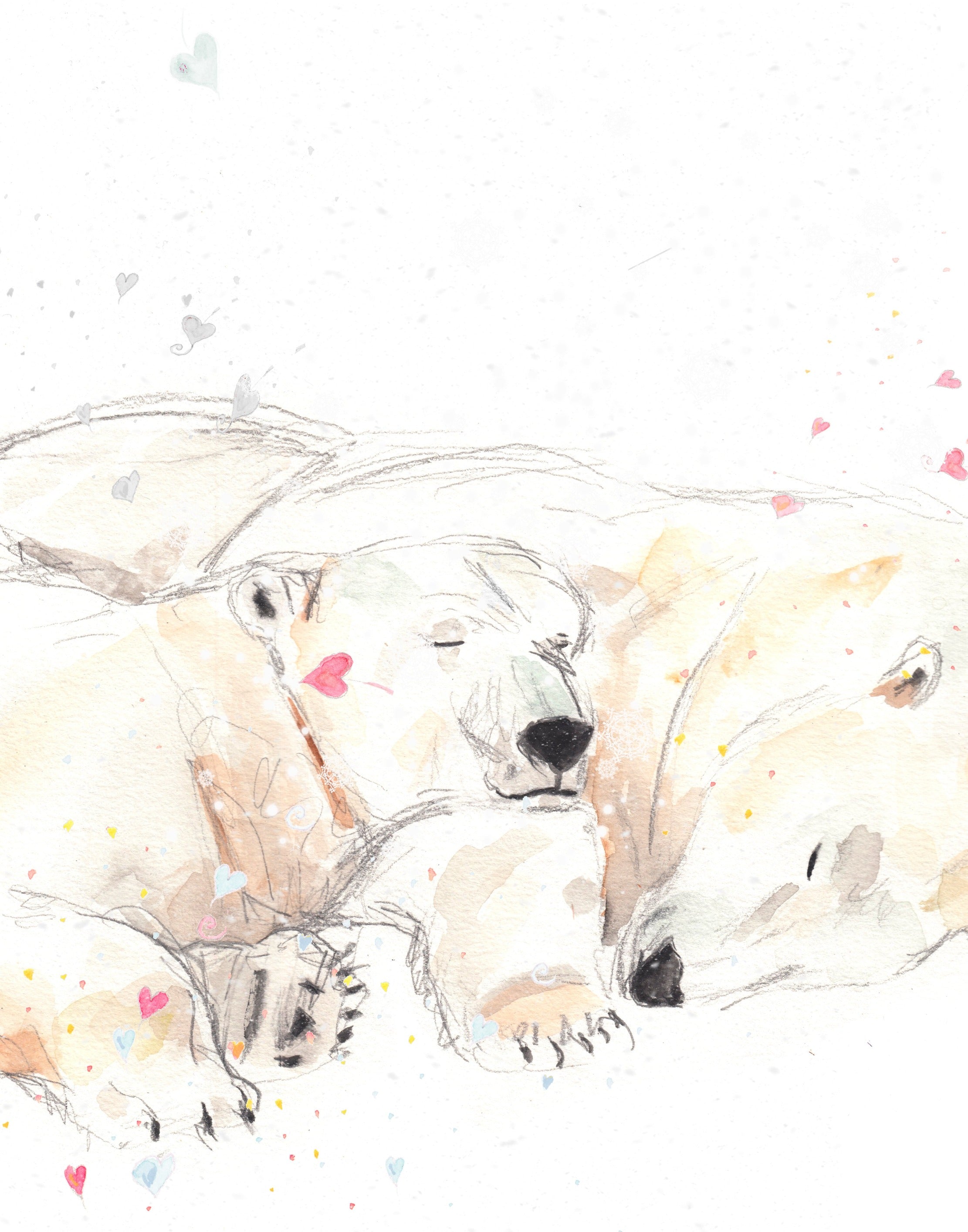 Polar bears winter nap SNOW AND HEARTS, polar bear painting, watercolor and drawing