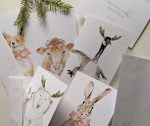 ENSEMBLE OF 5 GREETING CARDS, Holiday Christmas greeting cards, rabbit hare, fox cow, polar bear, goose