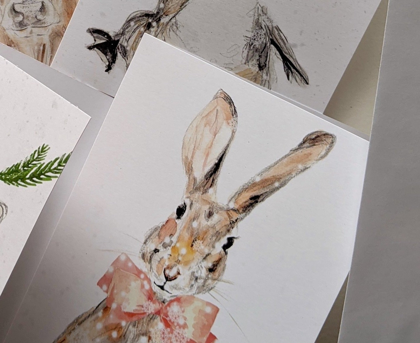 Greeting card Red Bow Bunny, Holiday Christmas greeting card, rabbit hare card