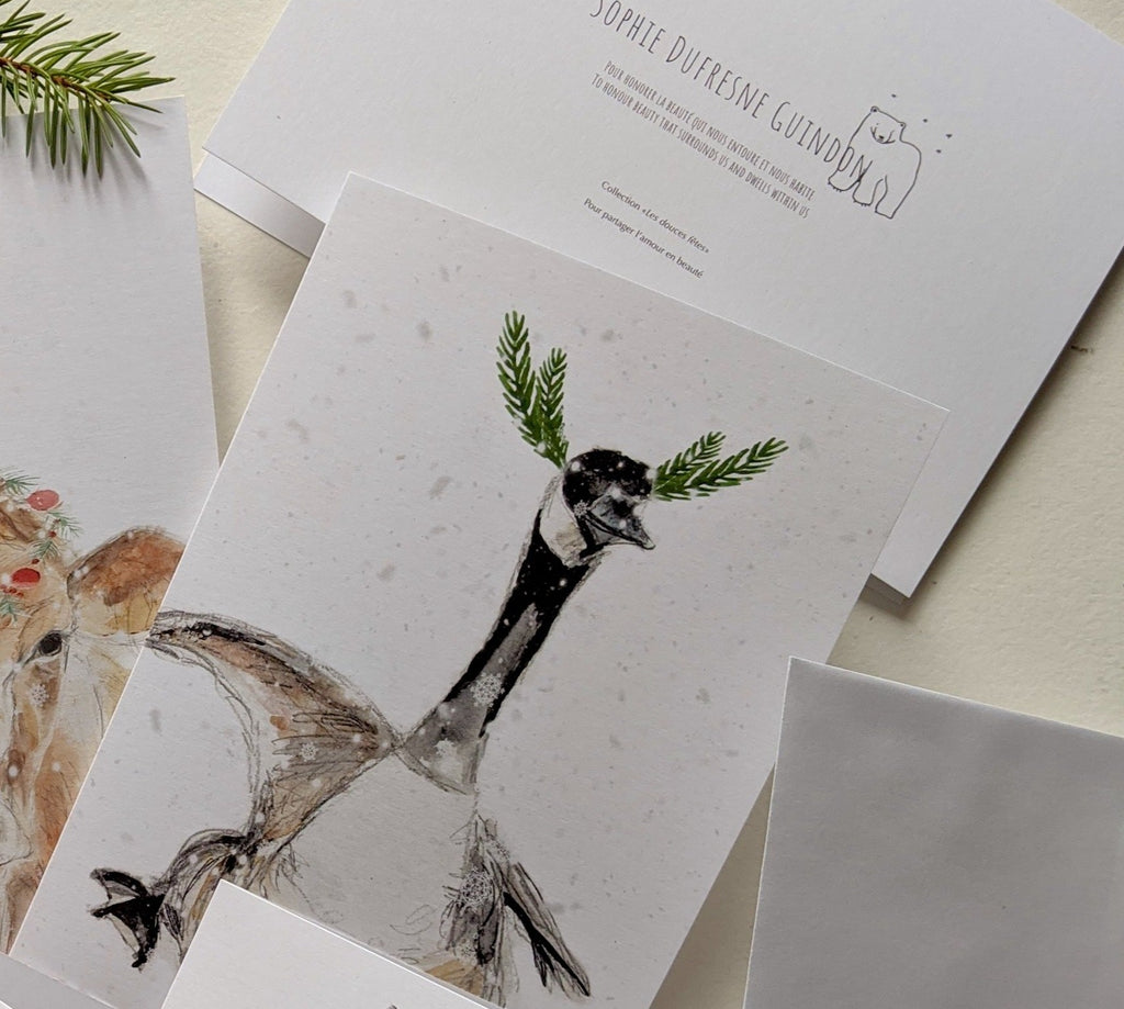 Greeting card, canada goose dancing under snowfall, watercolor.
