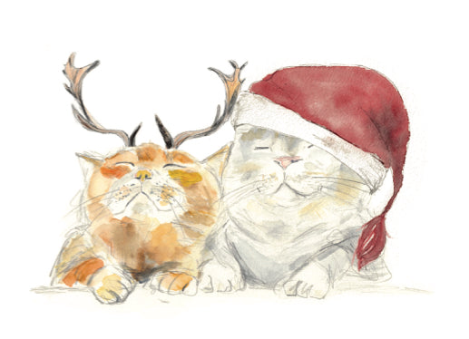Carte de souhaits de Noël, chats rigolos en père-Noël et chevreuil