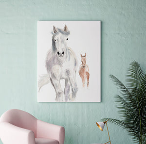 Jument & son poulain, chevaux, aquarelle, impression giclée