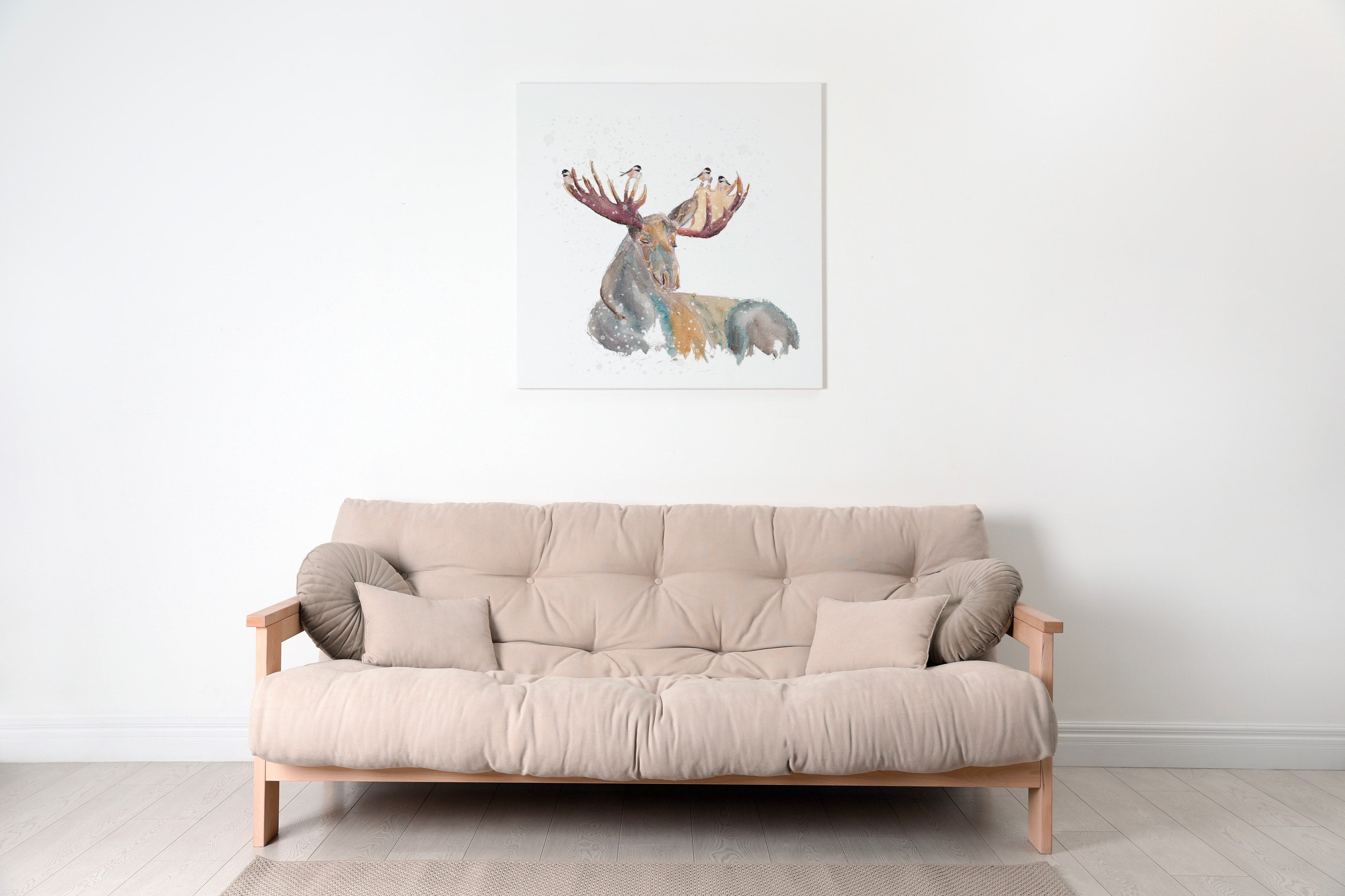 Moose & Chickadees Watercolor Woodland Animals, Minimalist, made in Québec by Sophie Dufresne Guindon