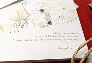Love greeting card with Victor Hugo quote, polar bears nap