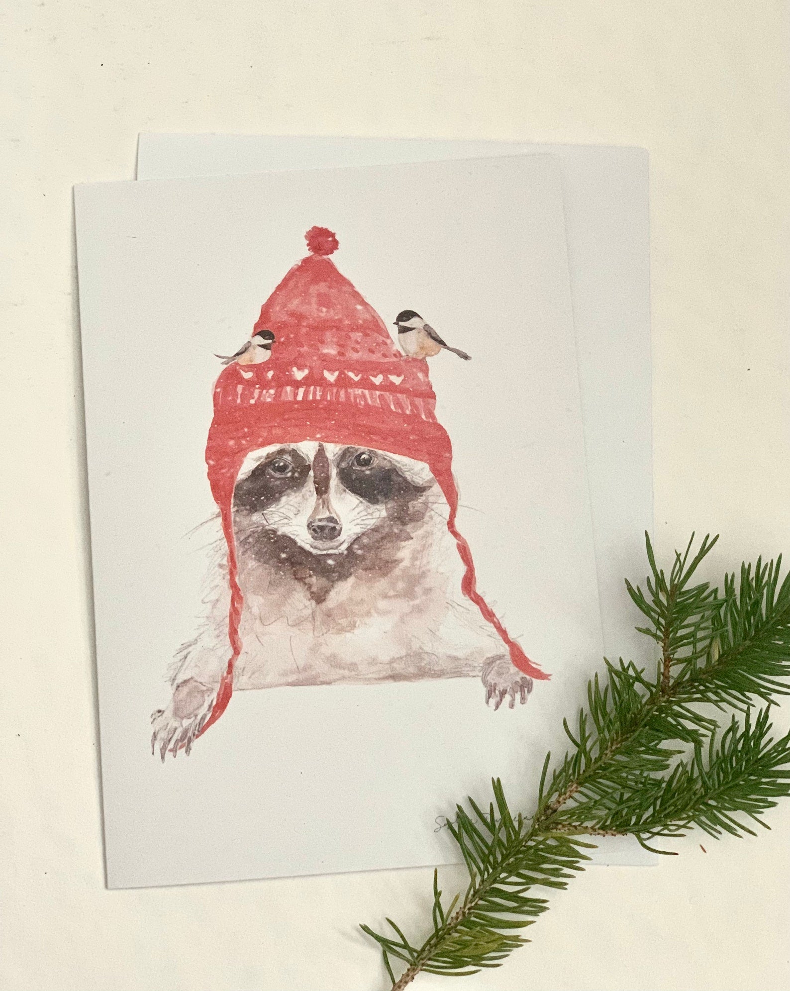 Cute animals, Set of 5 CHRISTMAS GREETING CARDS, Holiday greeting cards, Raccoon, Bunny, Pug Dog, Christmas Cat, Chickadee