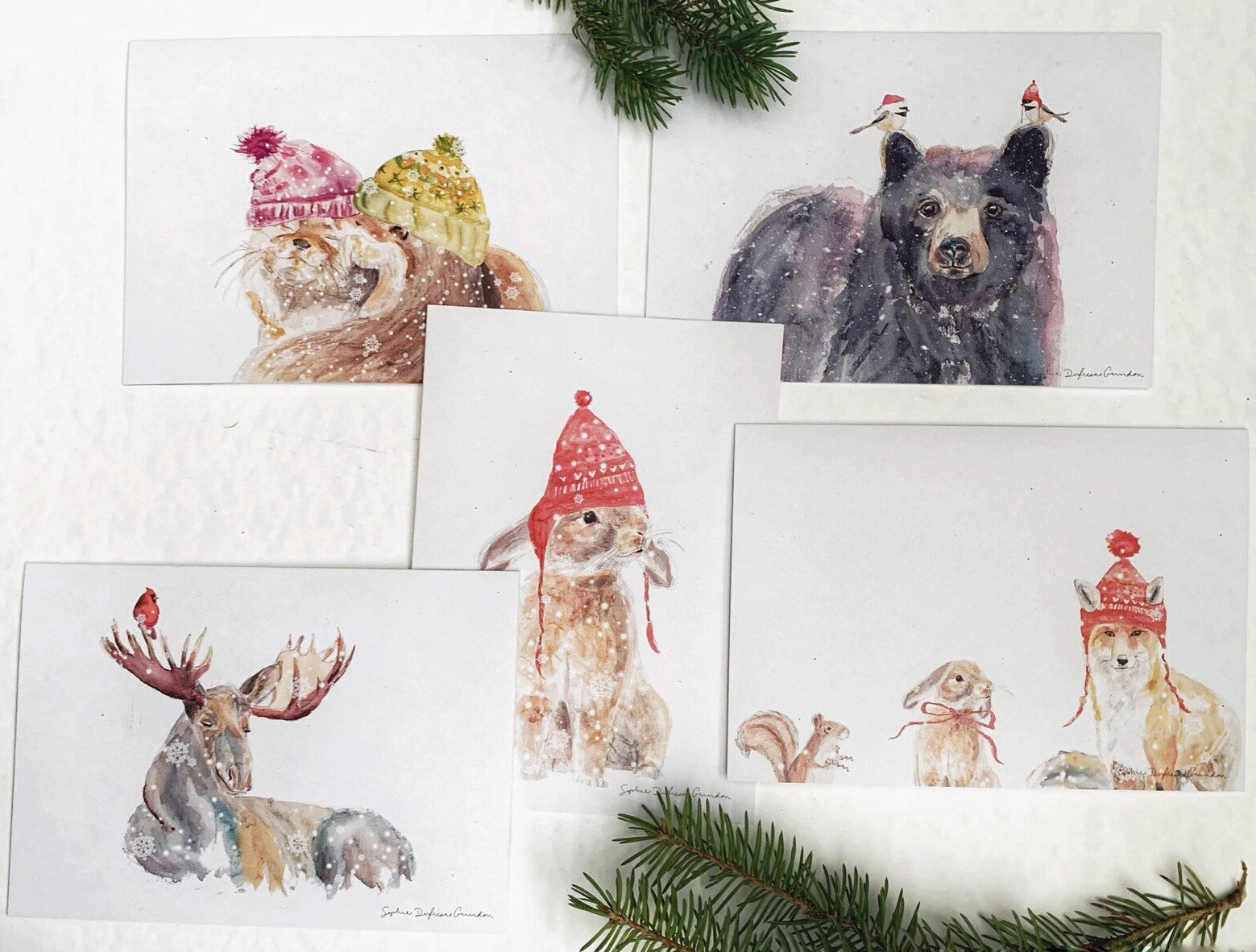 Set of 5 CHRISTMAS GREETING CARDS, Holiday greeting cards, Canadian Forest Animals