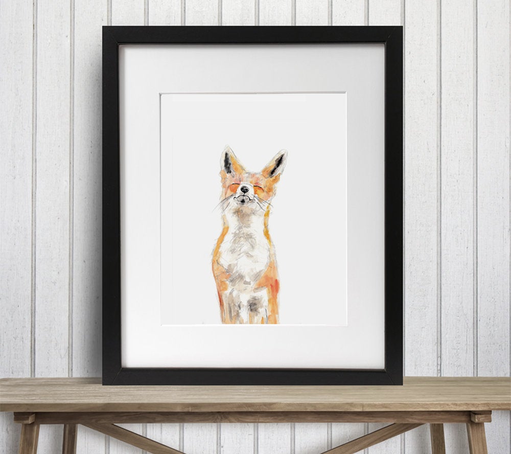 Fox painting, JOY, animal art print, fox wall art