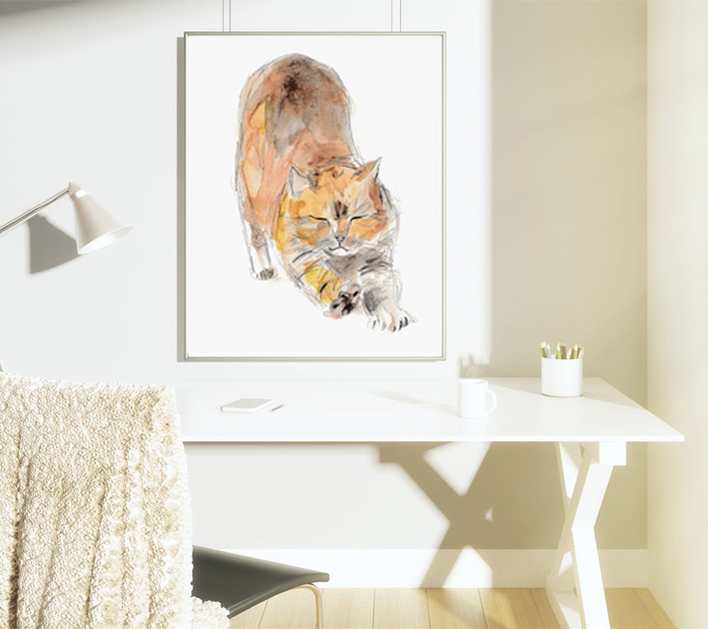 Impression d’art Stretching CAT, imprimé animal, cadeau de pleine conscience, art mural à l’aquarelle