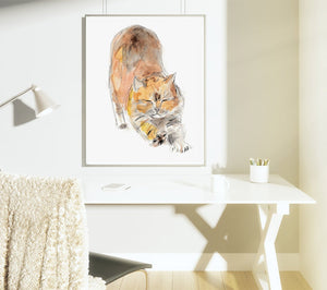 Stretching CAT art print, animal print, mindfulness gift, watercolor wall art