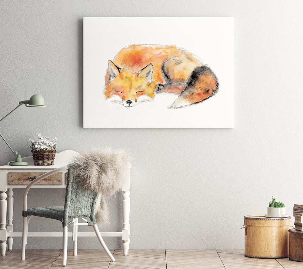 Fox painting, sleeping baby animal art print, watercolor fox wall decor