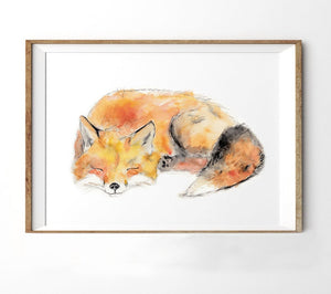 Fox painting, sleeping baby animal art print, watercolor fox wall decor