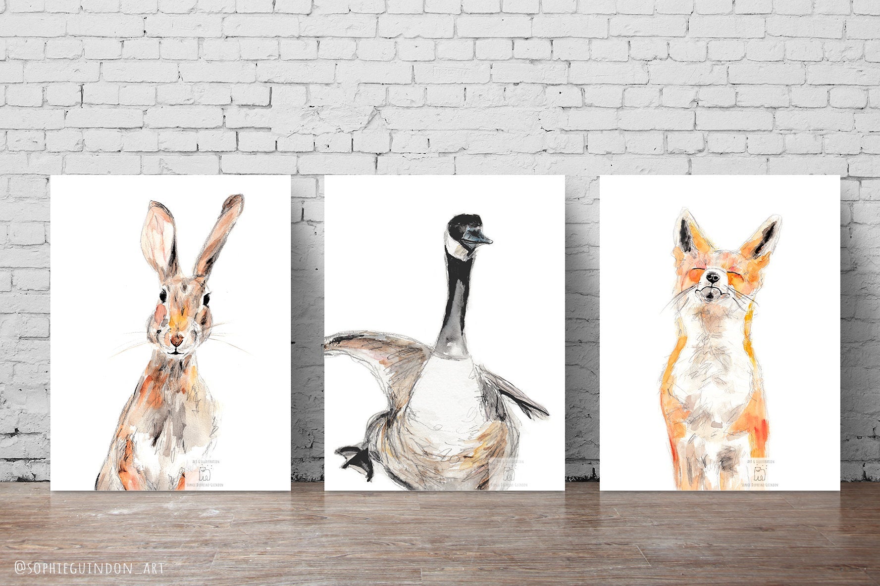 Trio of fine art prints : Bunny Hare, Fox and Goose