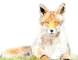 Fox watercolor fine art print, Fox in sunshine, fox drawing, mindfulness, meditation