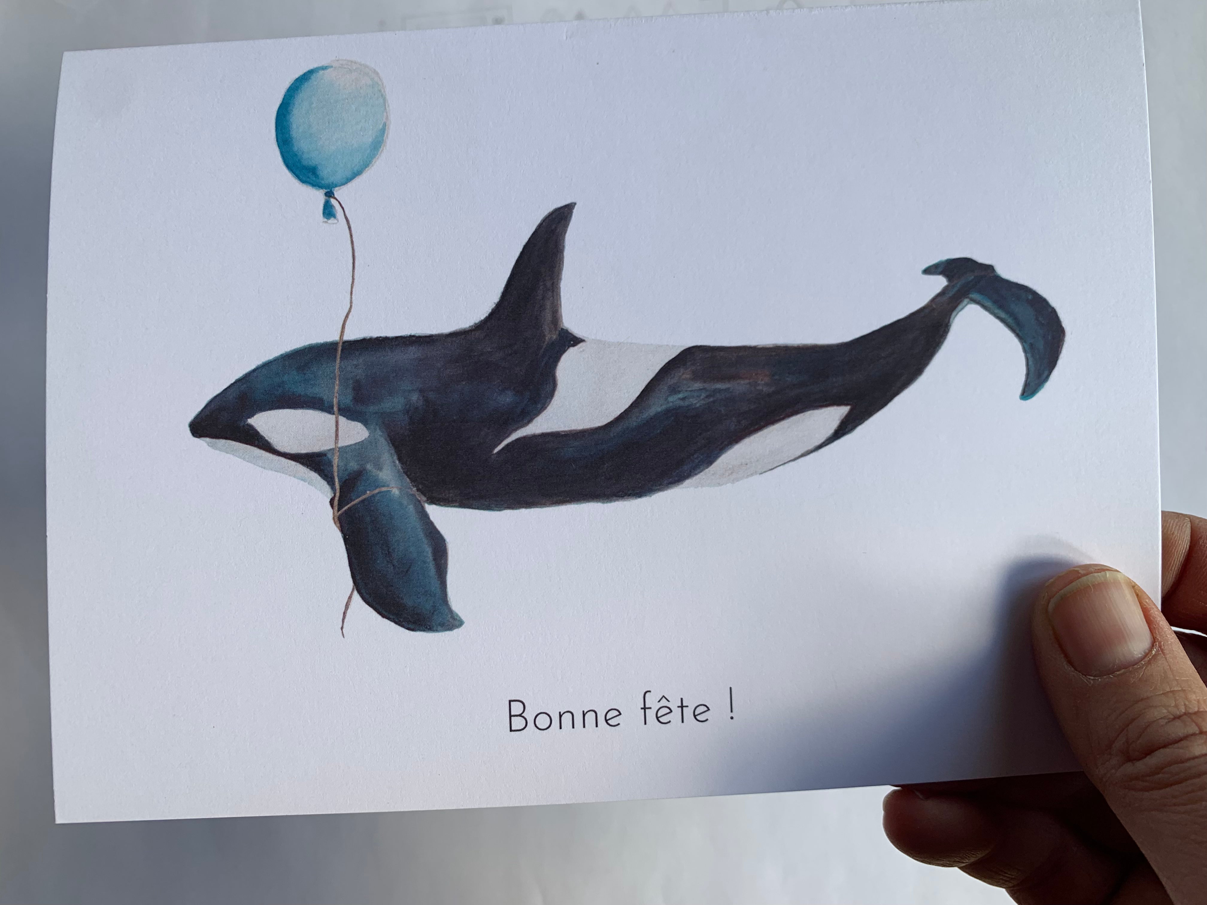 Orca Birthday Greeting card, French or blank card