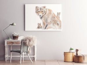 Grizzli Bear & 2 babies, brown bears animal print, bear illustration, watercolor wall art