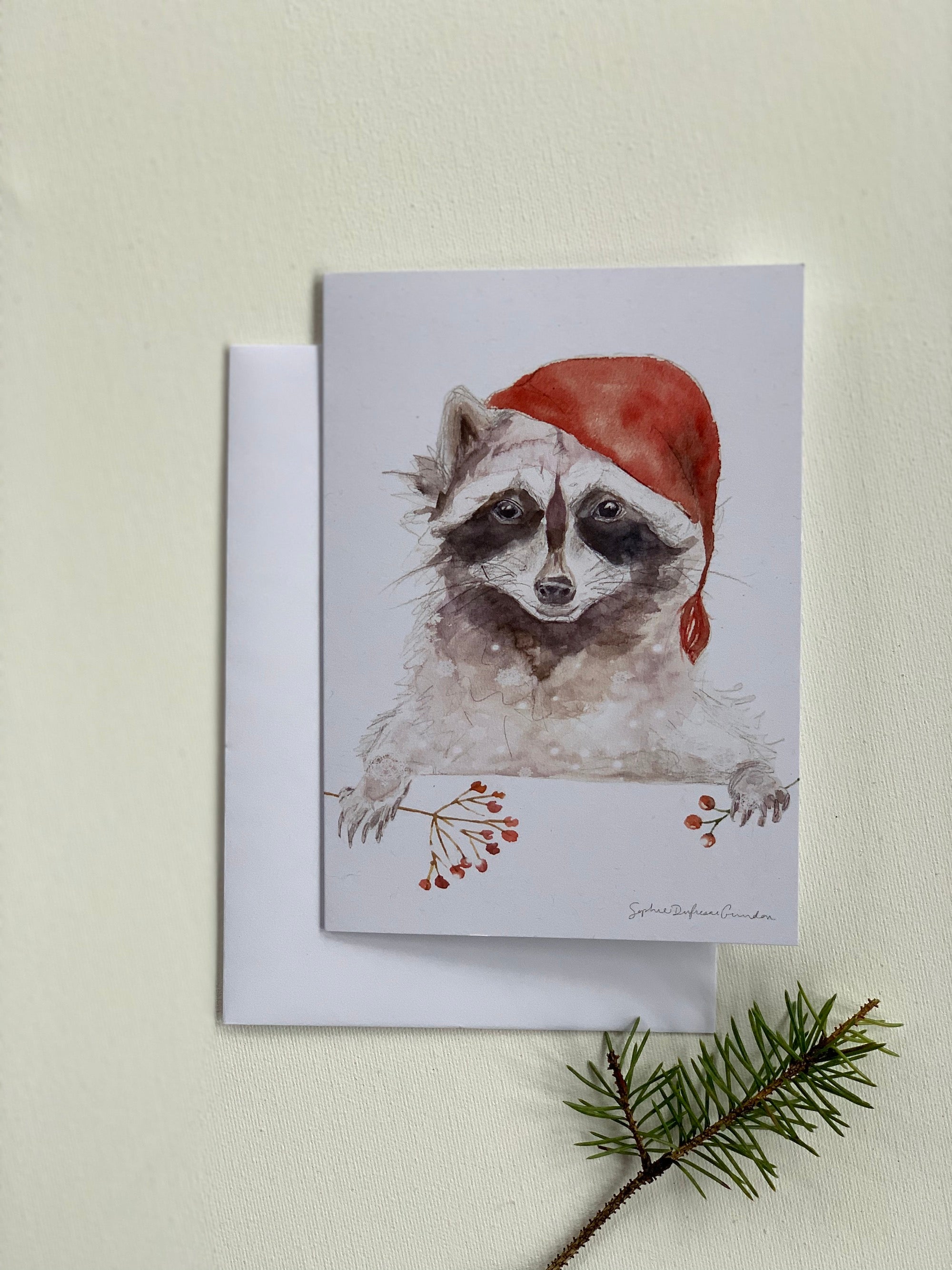 Raccoon with red hat, Holiday Christmas greeting card