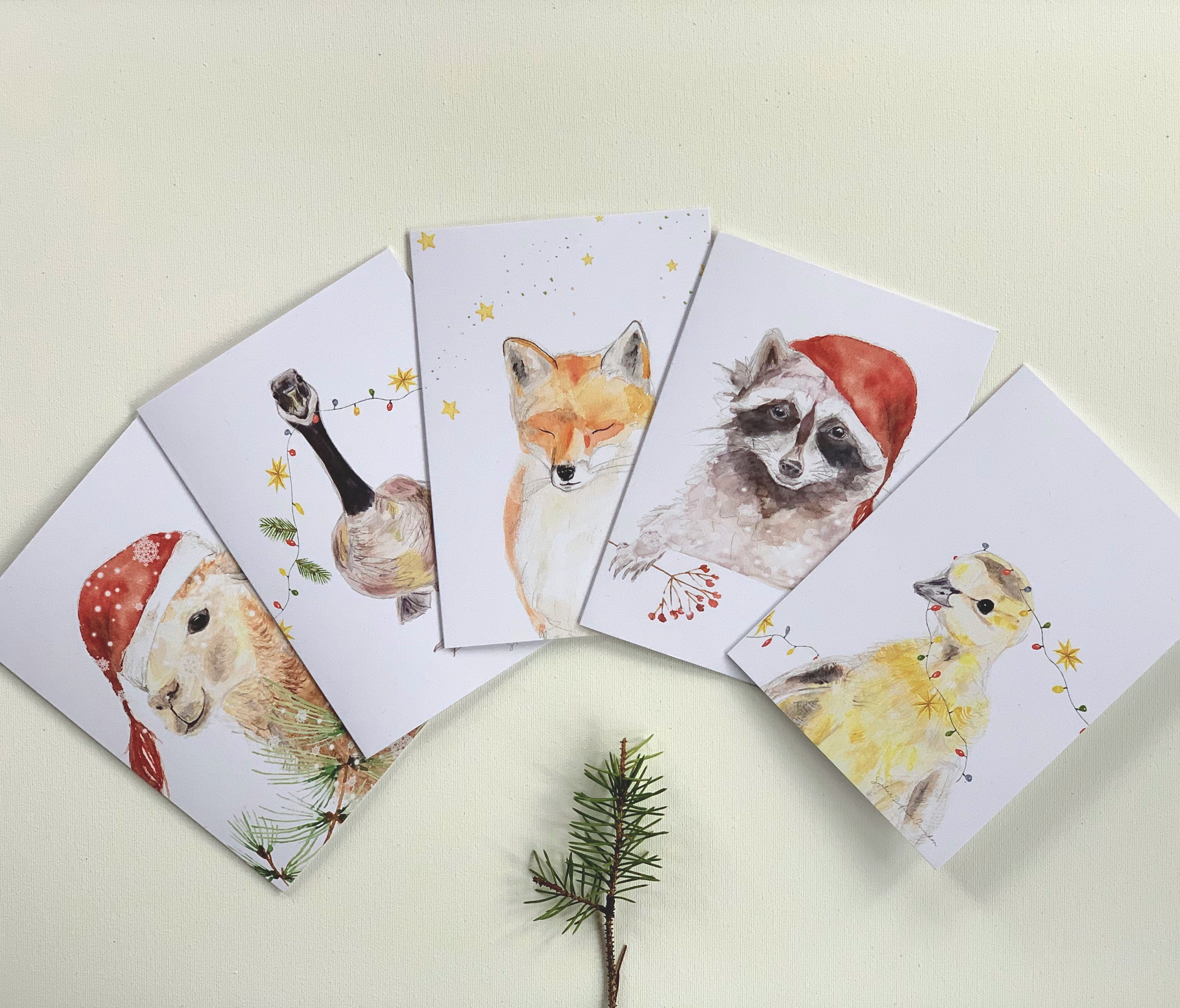 Set of 5 greeting cards, llama, goose, fox, racoon, chick, minimalist watercolor with white backgrounds